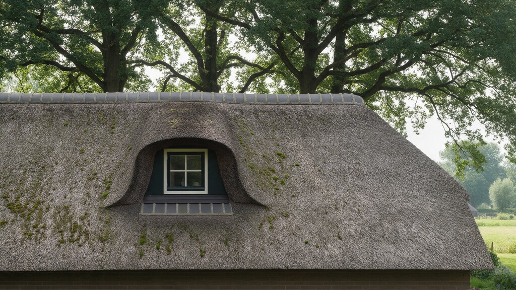 Rieten dak met mos en algen in de schaduw van hoge bomen