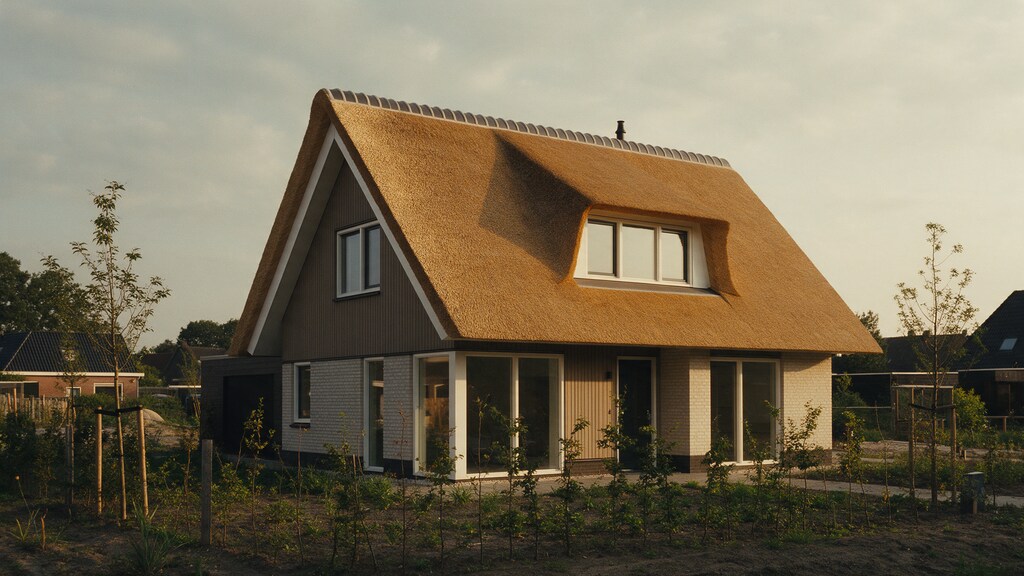 Nieuwe woning met vers gedekt rieten dak