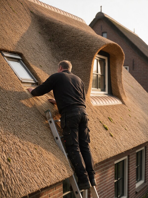 Rietdekker inspecteert een rieten dak