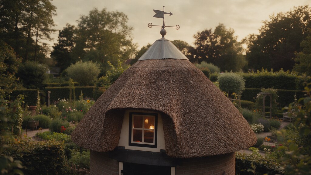 Tuinhuisje met rieten kap en windwijzer