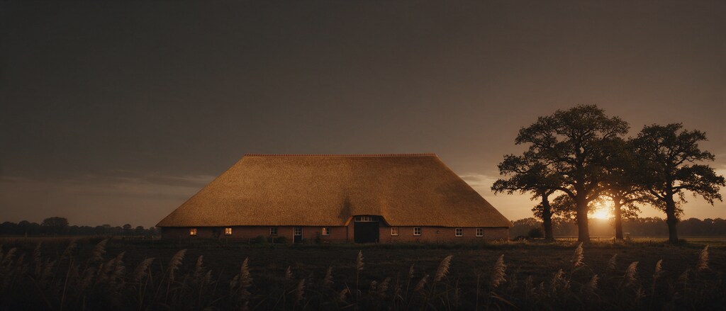 Boerderij met een rieten kap bij schemering, met riet op de voorgrond